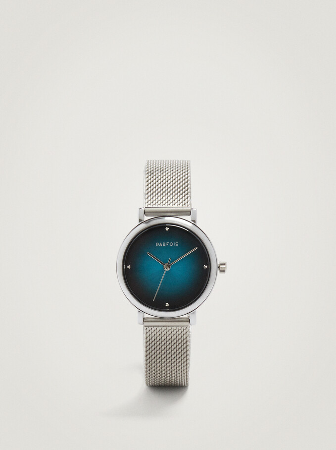 Uhr Aus Stahl Mit Farblich Abgesetztem Ziffernblatt, Marineblau, hi-res