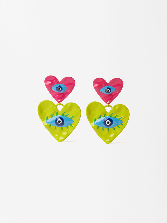 Double Heart Eyes Earrings, Multicolor, hi-res