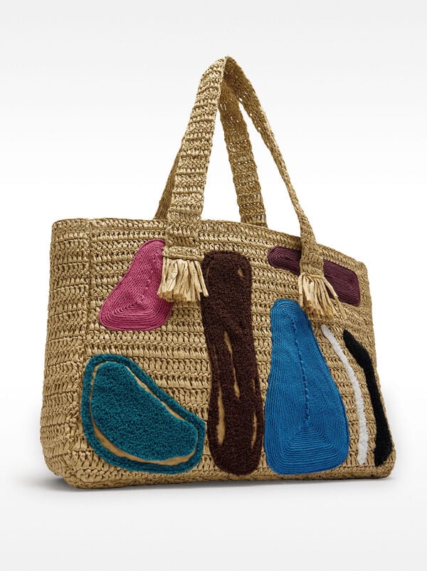 Shopper bag with straw effect and multicolor applications