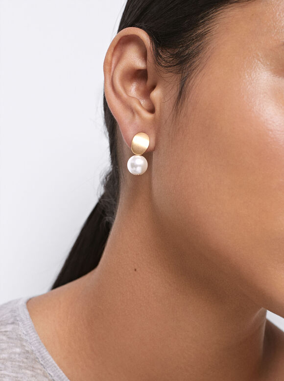 Basic Faux Pearl Short Earrings, White, hi-res