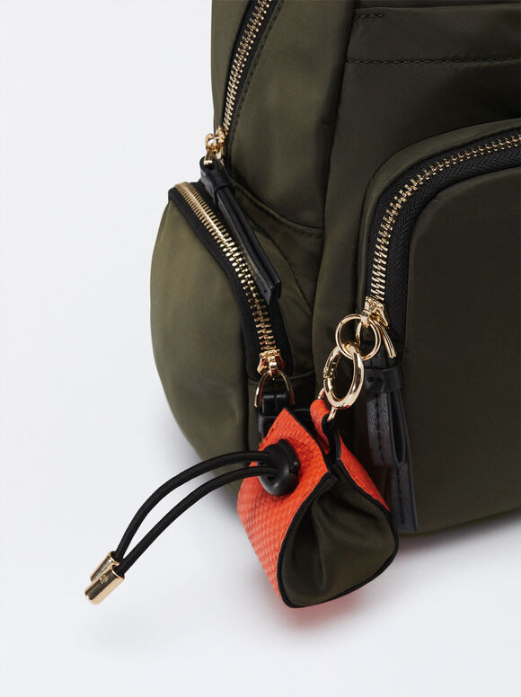 Nylon Backpack With Pendant, Khaki, hi-res