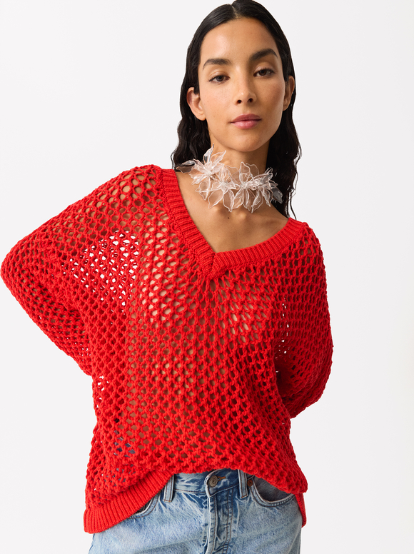 Open Knit Sweater With Cotton, Red, hi-res