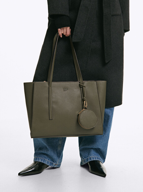 Shopper Bag With Pendant, Khaki, hi-res