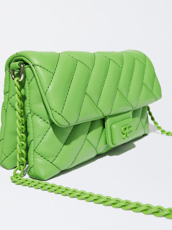 Quilted Crossbody Bag With Chain, Green, hi-res