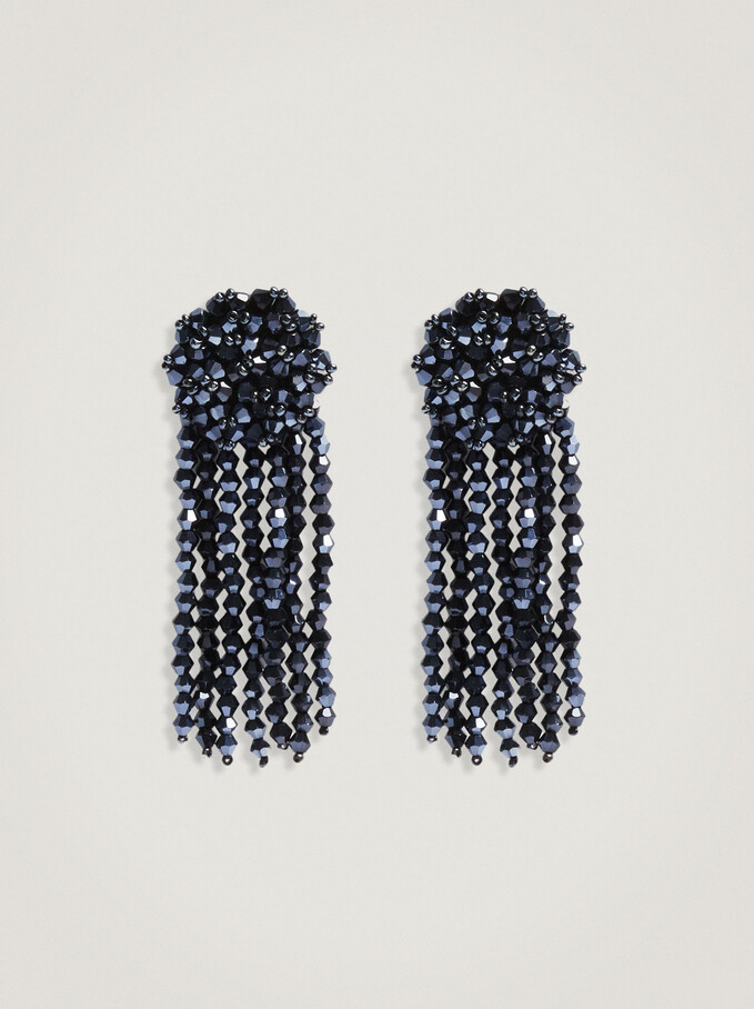 Extra Long Earrings With Beads, Blue, hi-res