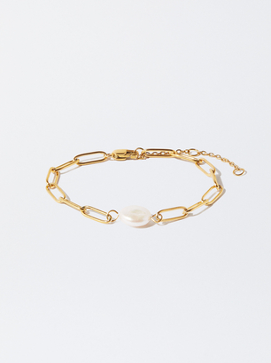 Stainless Steel Bracelet With Pearl, Golden, hi-res