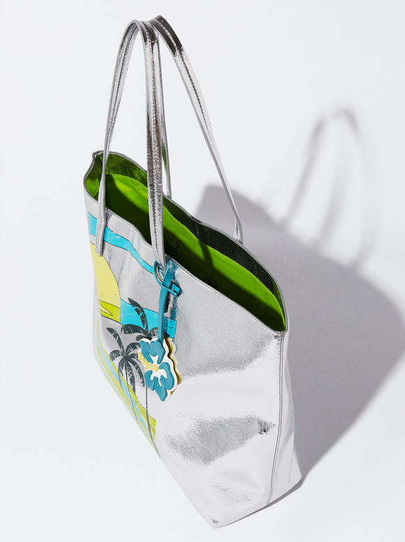 Printed Metallic Tote Bag, Silver, hi-res