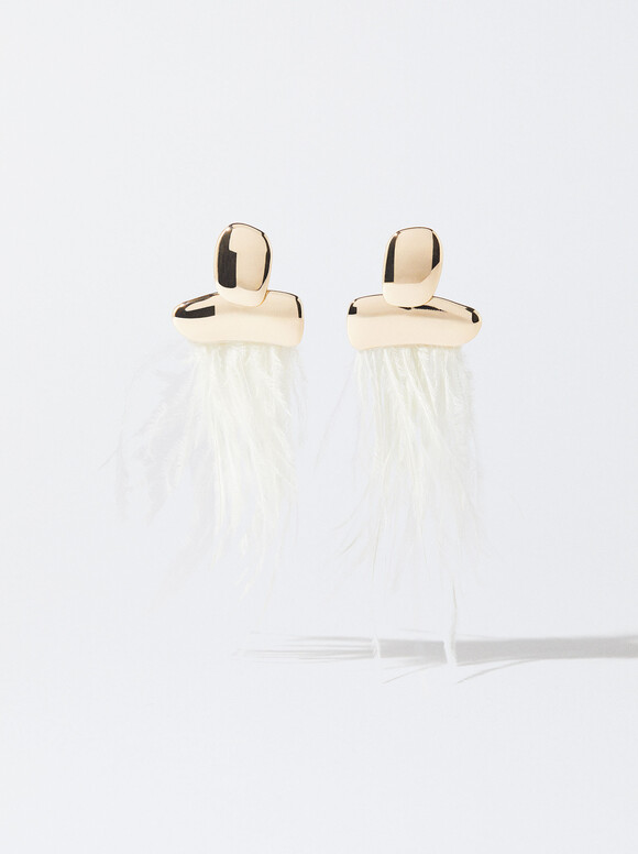 Golden Earrings With Feathers, Beige, hi-res