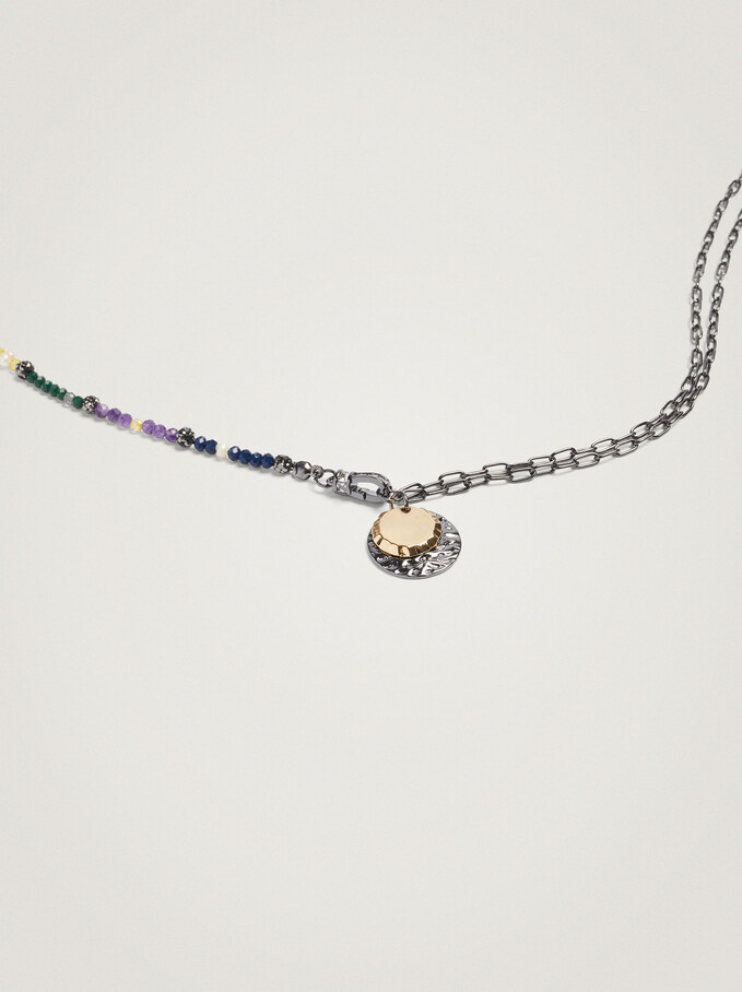 Short Necklace With Stones And Medallion, Multicolor, hi-res