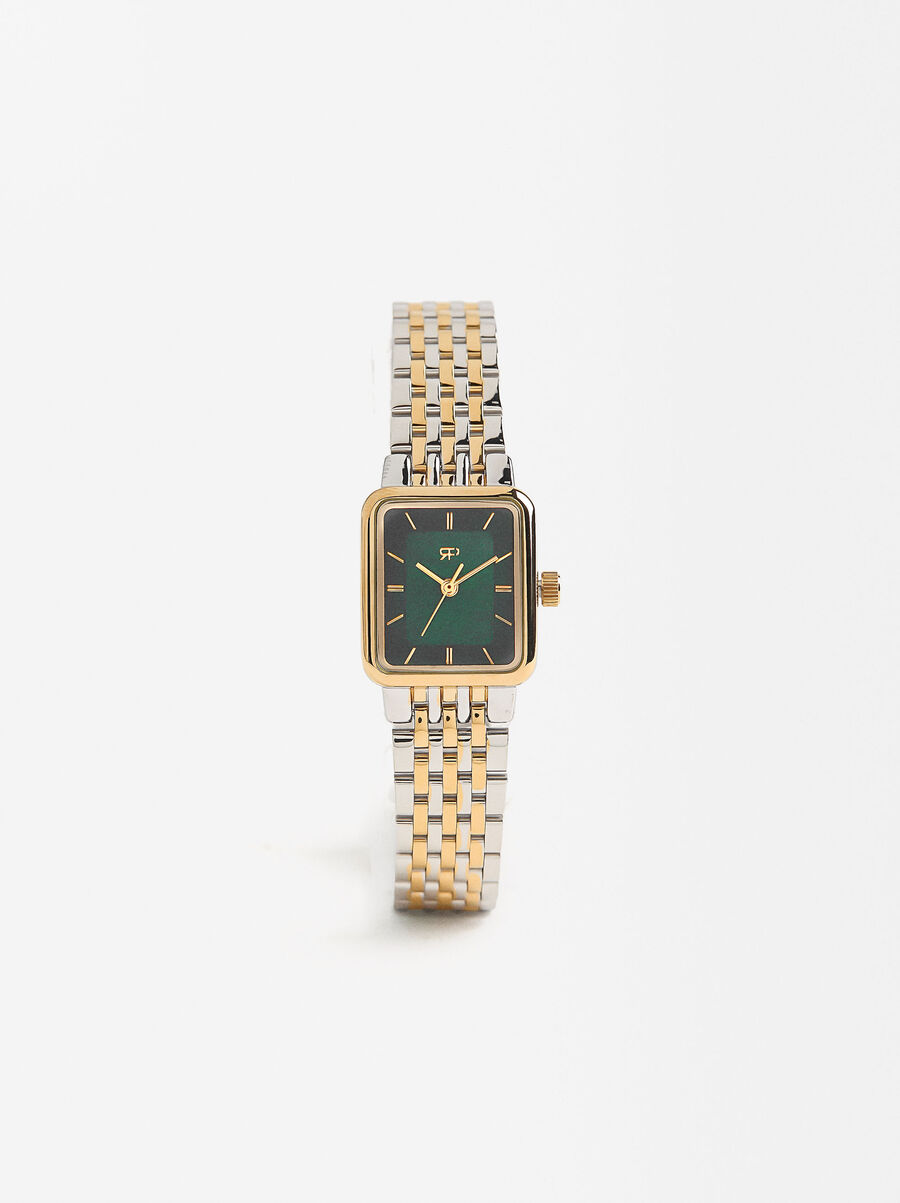 Square dial watch with steel bracelet
