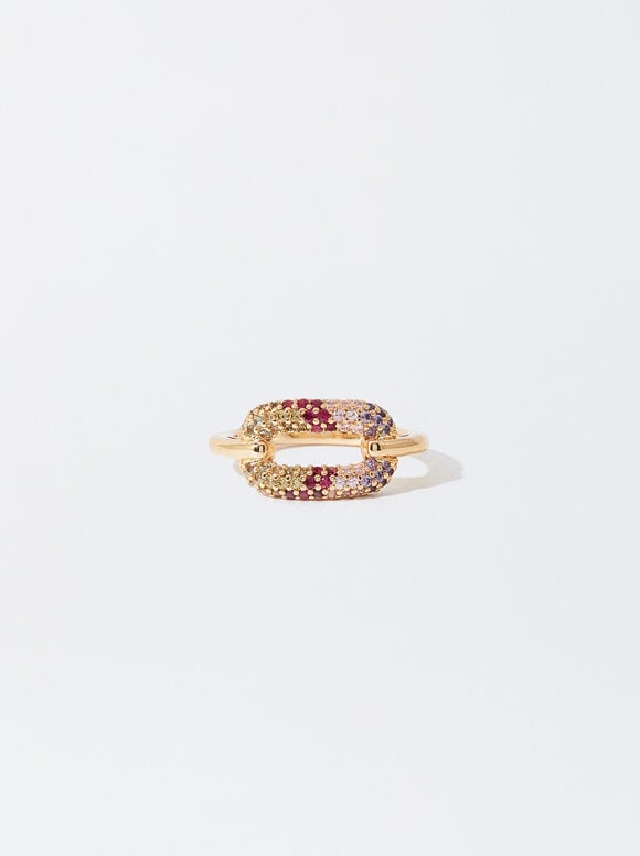 Golden Ring With Zircons, Multicolor, hi-res