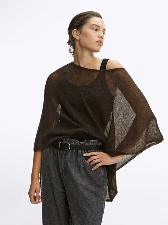 Knitted Cape, Brown, hi-res
