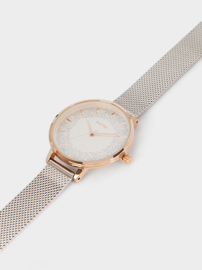 Watch With Metallic Mesh Strap, Silver, hi-res