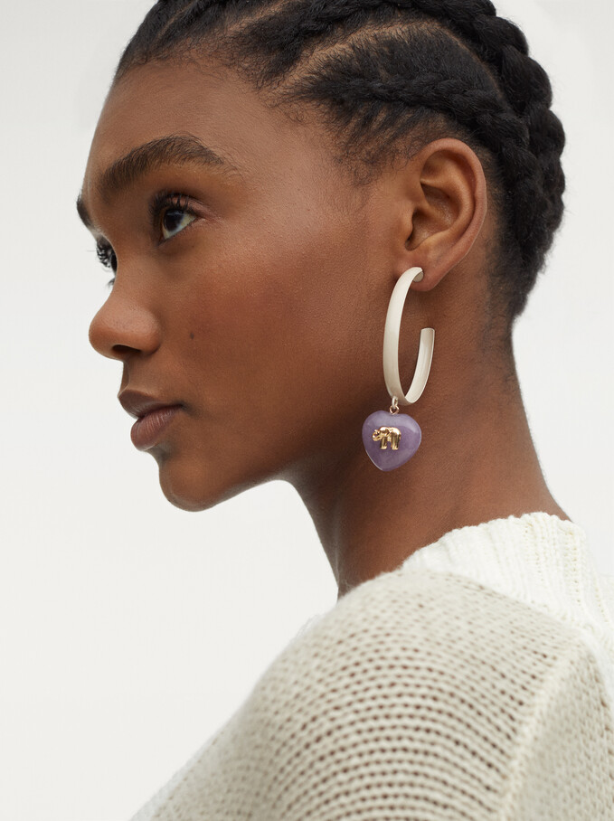 Extra Long Earrings With Heart, Violet, hi-res