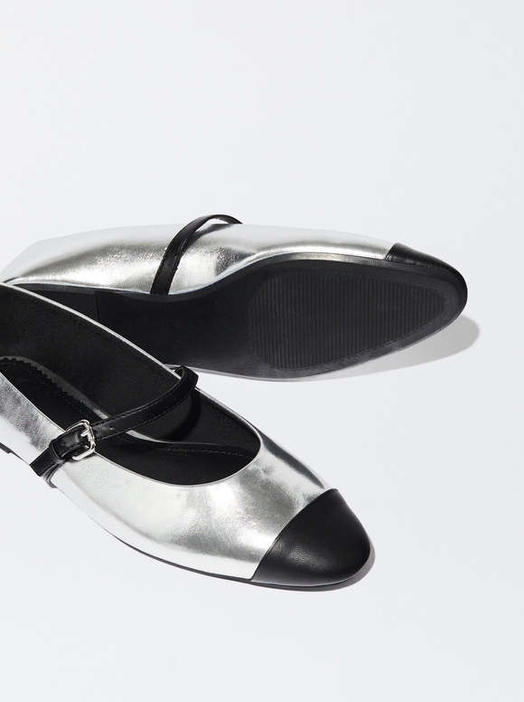  Metallic Buckled Ballerinas, Silver, hi-res