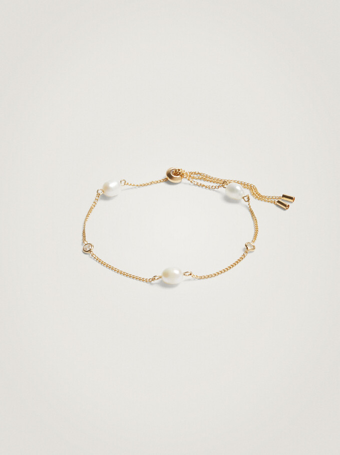 Adjustable Bracelet With Pearl And Zirconia, Golden, hi-res