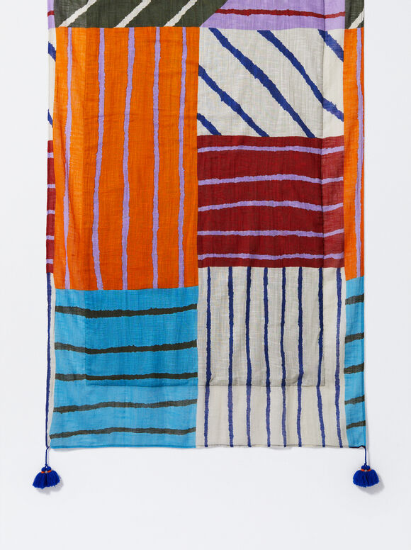 Printed Beach Towel With Pompoms, Multicolor, hi-res