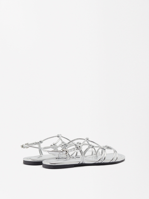 Sandale Plate Métallisée Avec Nœuds, Argent, hi-res