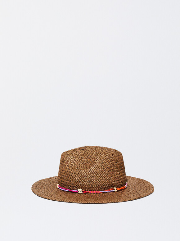 Braided Hat With Beads, Brown, hi-res