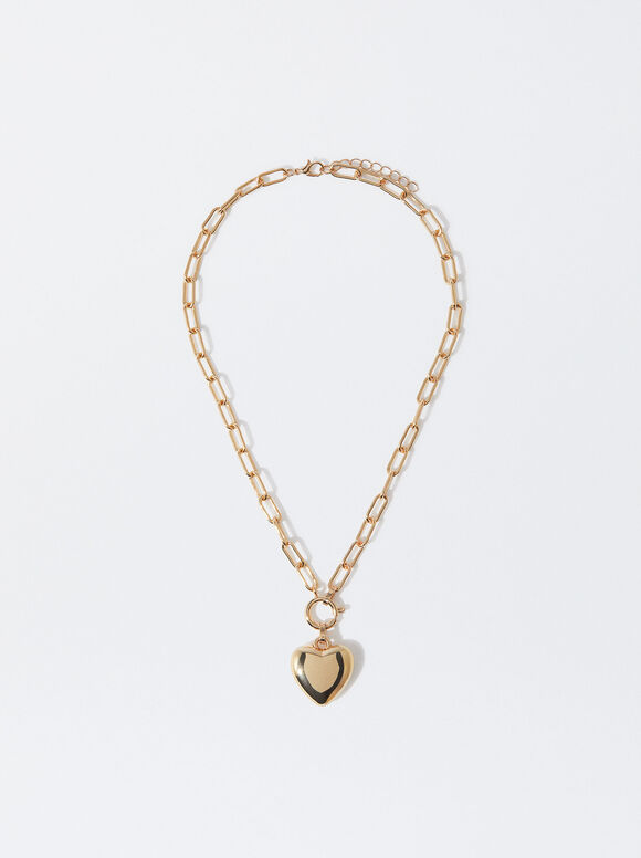 Golden Necklace With Heart Pendant, Golden, hi-res