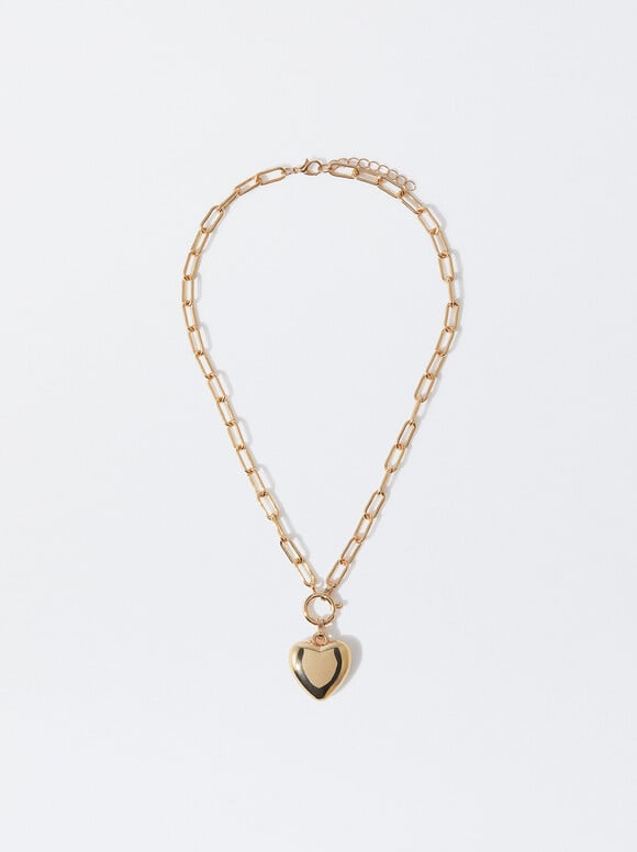 Golden Necklace With Heart Pendant, Golden, hi-res