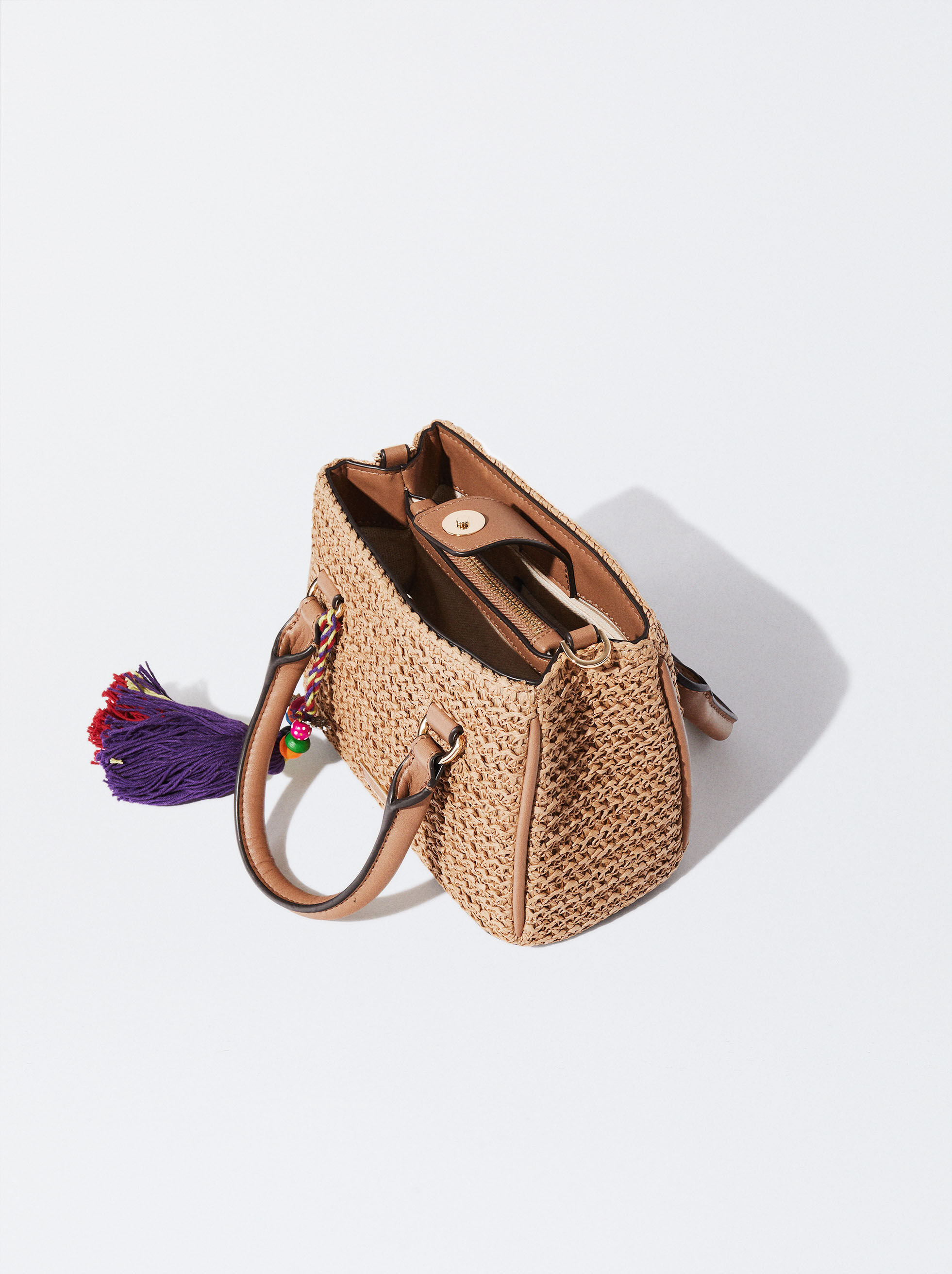 Straw Crossbody Bag With Detachable Pendant Beige Parfois