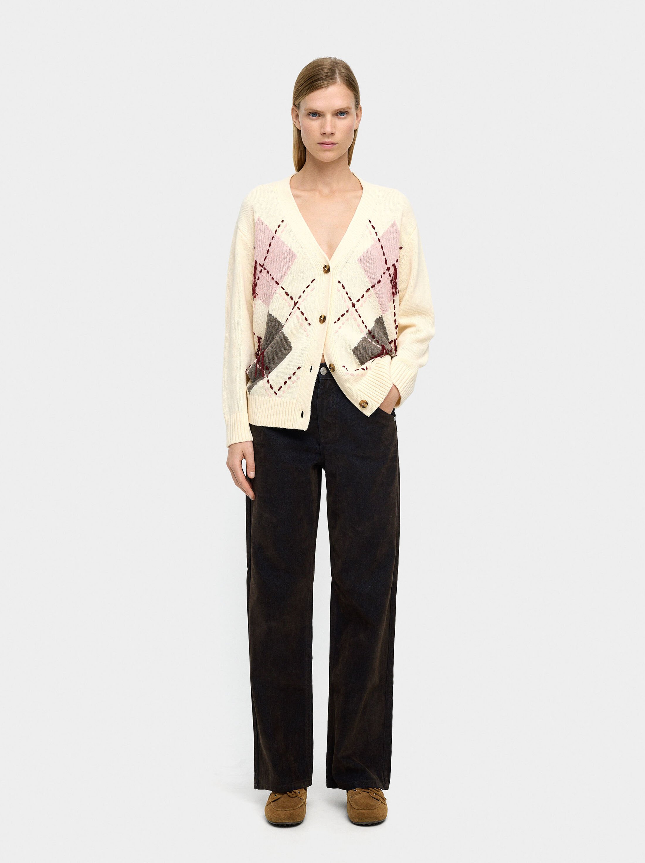 Knit cardigan with argyle and embroidery image number 2.0
