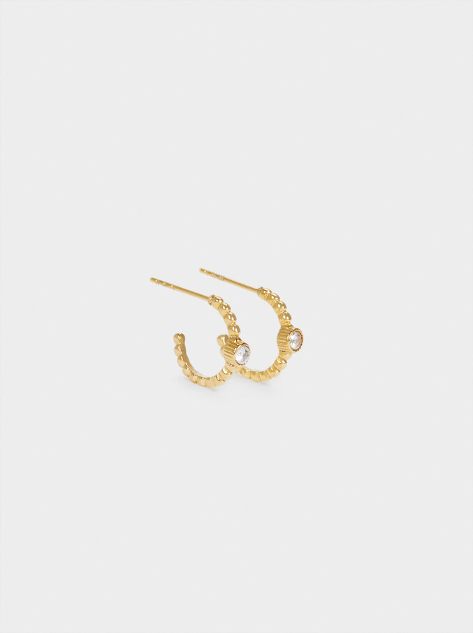 Stainless Steel Small Hoop Earrings With Crystals, Golden, hi-res