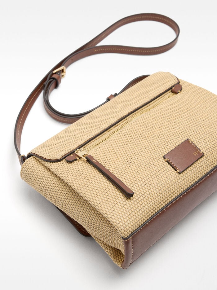 Raffia effect crossbody bag with flap closure