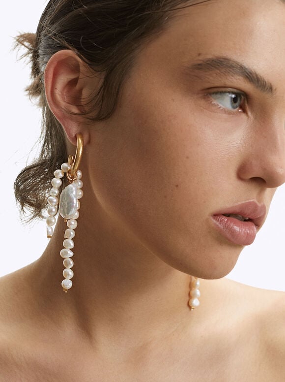 Hoop Earrings With Fresh Water Pearl, Golden, hi-res