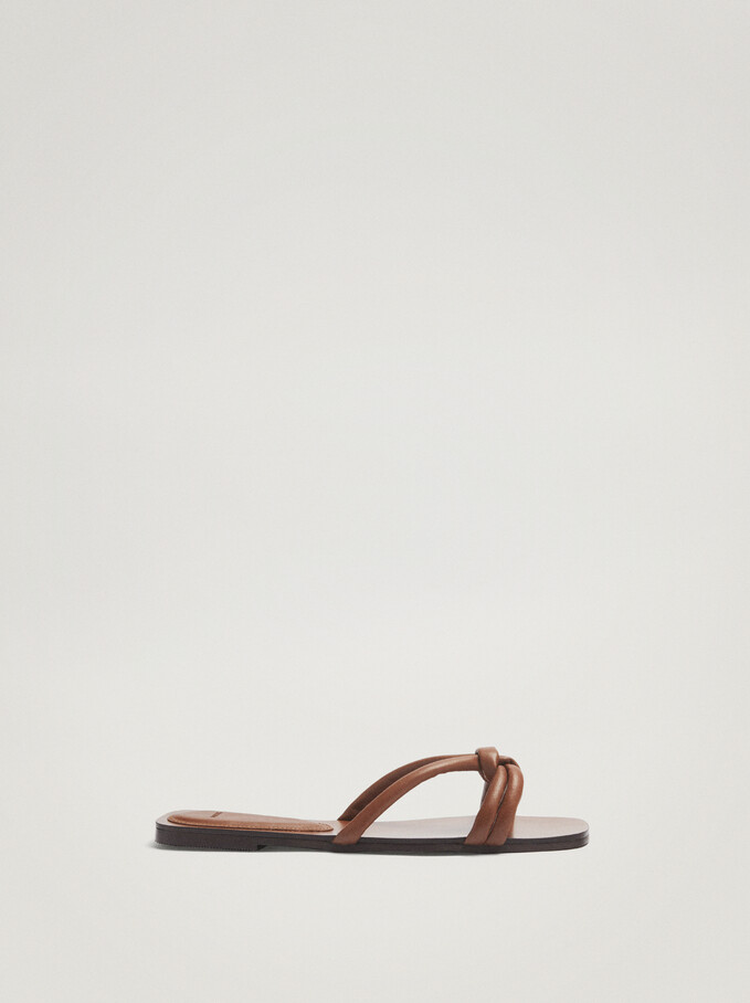 Flat Leather Sandals With Knot, Camel, hi-res