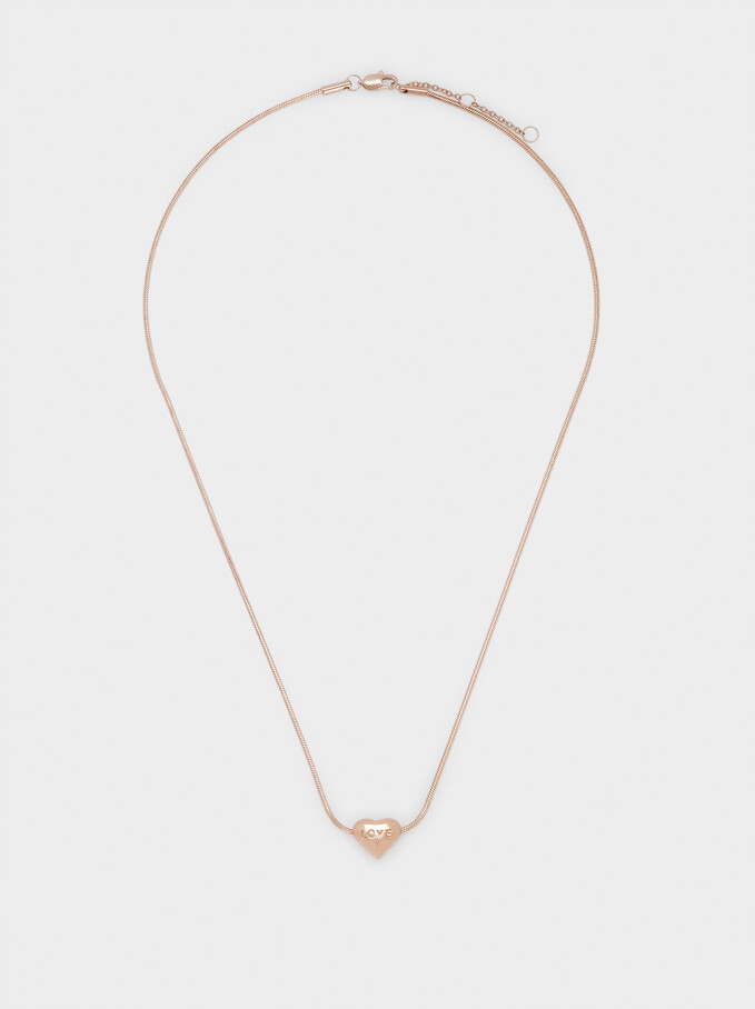 Short Steel Necklace With Heart, Orange, hi-res