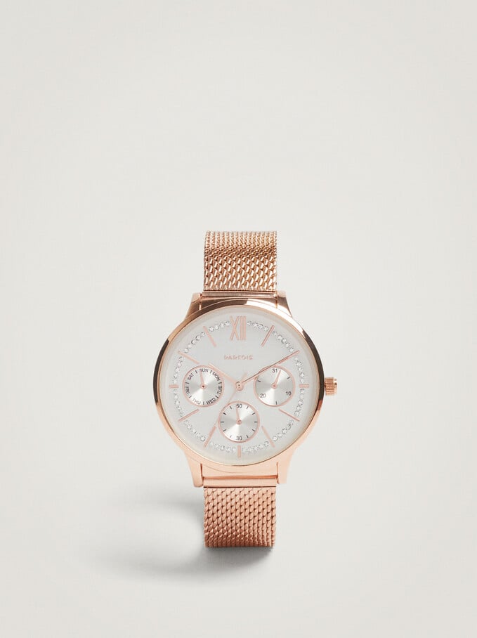 Watch With Steel Wristband And Gems On The Face, Orange, hi-res
