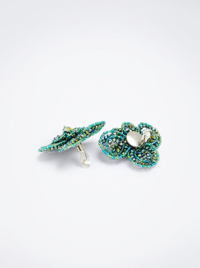Flower Clip Earrings, Green, hi-res