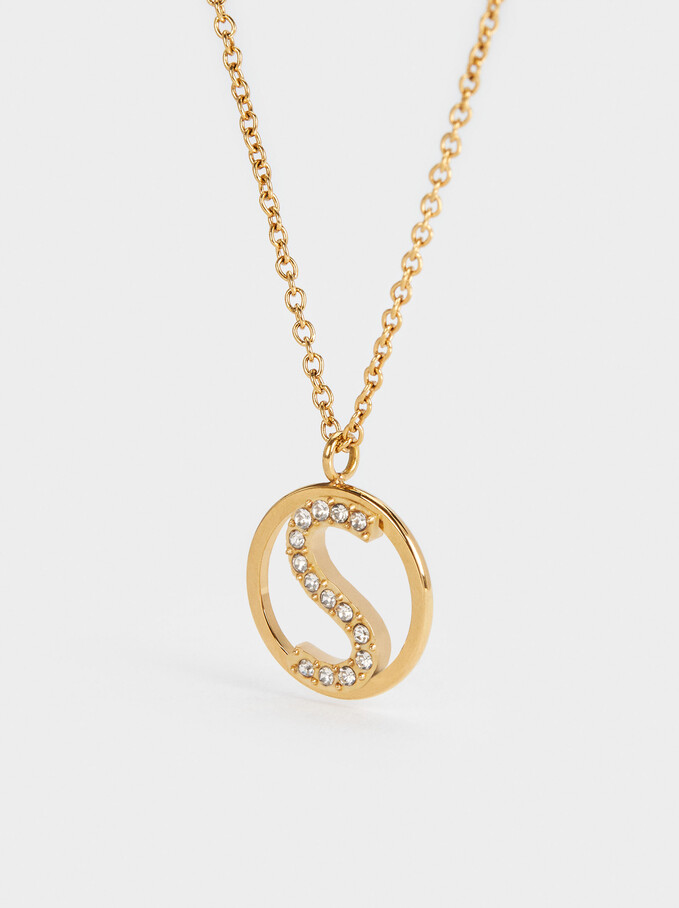 Short Steel Necklace With Letter S, Golden, hi-res
