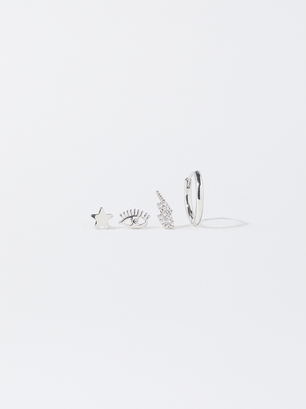 Set Of Earrings With Crystals, Silver, hi-res