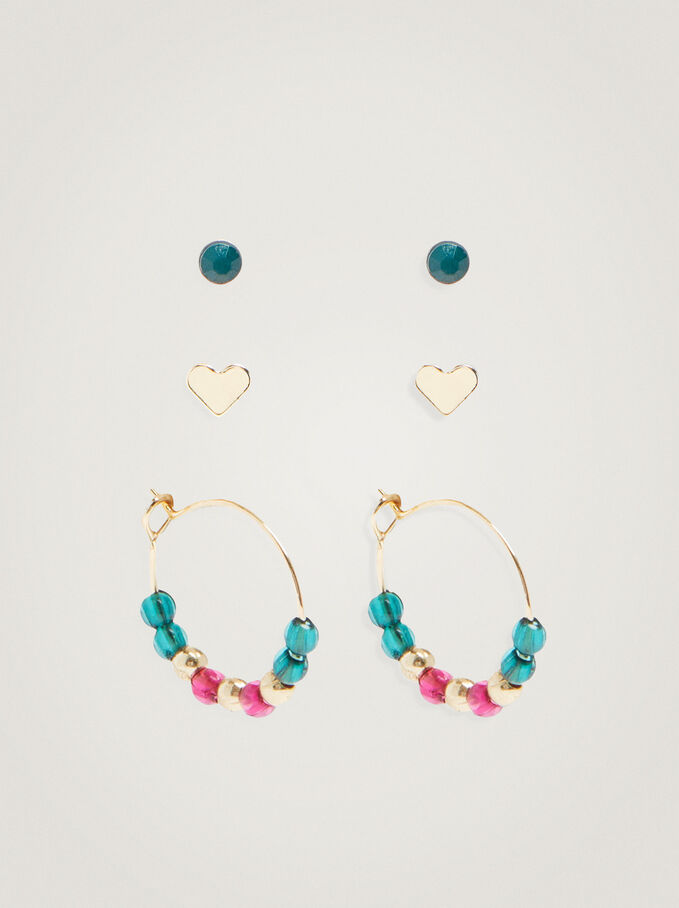 Set Of Hoop Earrings With Heart, Multicolor, hi-res