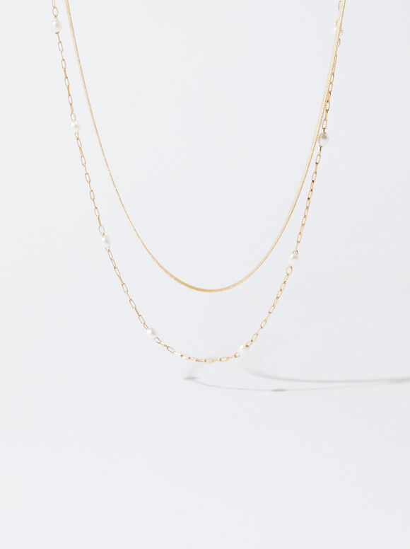 Collar De Acero Con Perlas, Dorado, hi-res