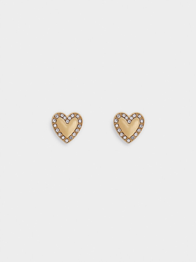 Short Steel Earrings With Heart, Golden, hi-res