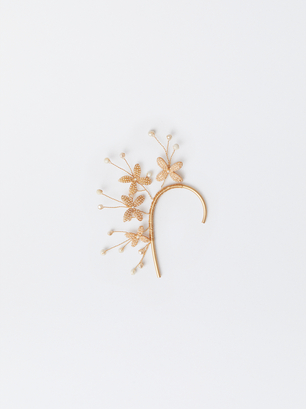 Ear Cuff With Flowers And Pearls, White, hi-res