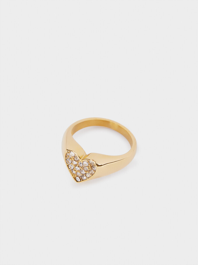 Pinky Finger Stainless Steel Signet Heart Ring, Golden, hi-res