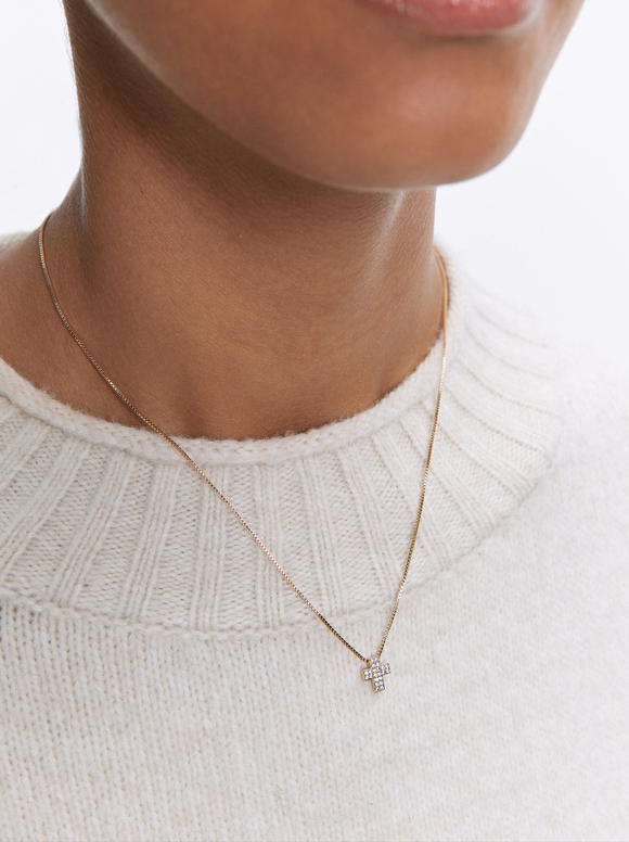 Silver Necklace With Cross And Zirconias, Golden, hi-res