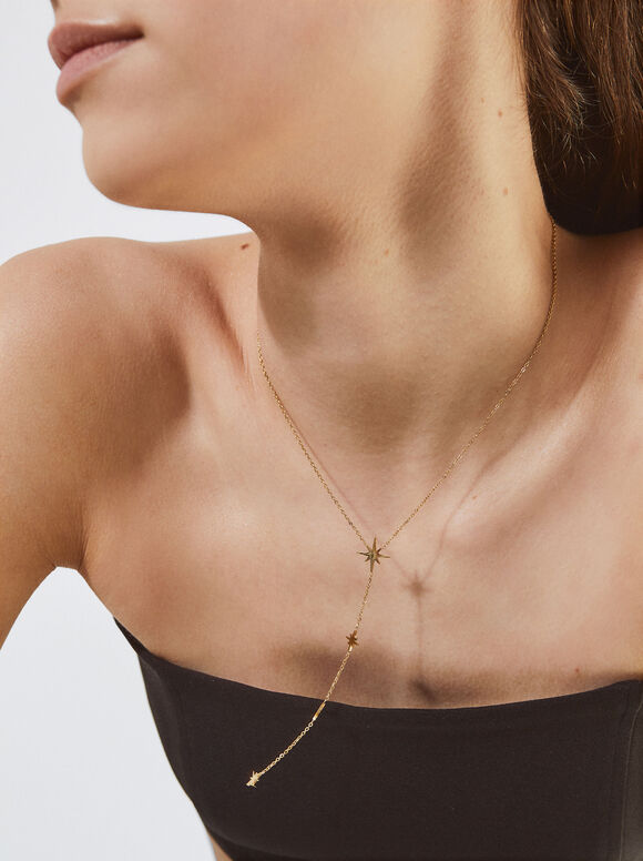 Silver Stainless Steel Necklace With Stars, Golden, hi-res