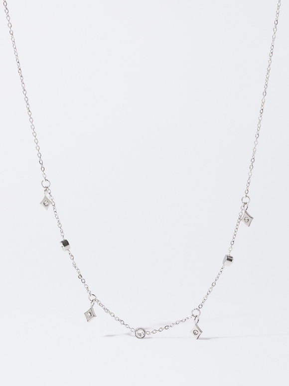 Silver Stainless Steel Necklace With Crystals, Silver, hi-res