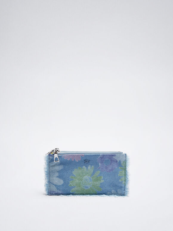 Flower Print Denim Bag, Blue, hi-res