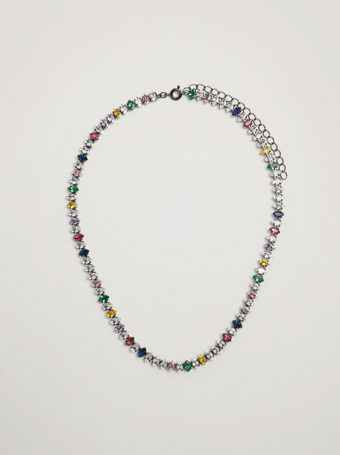 Short Chain Necklace With Zirconia, Multicolor, hi-res