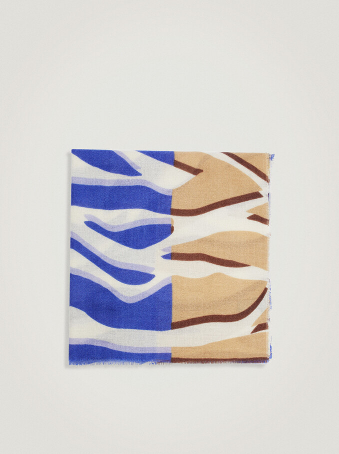 Printed Blanket Scarf, Blue, hi-res
