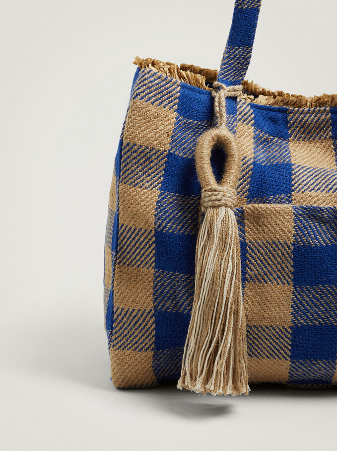 Gingham Shopper Bag With Pendant, Blue, hi-res