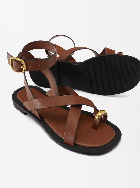 Criss-Cross Flat Sandals With Metallic Detail, Camel, hi-res