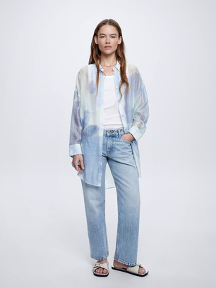 Lyocell Printed Shirt, Blue, hi-res
